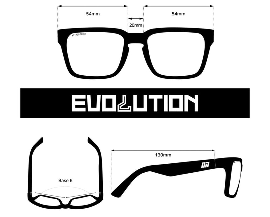 Method Seven Evolution frame dimensions showing 54mm lens width 20mm bridge and 130mm temple length with Base 6 curve.