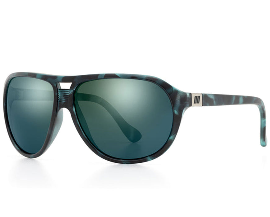 Method Seven The Duchess FX2 sunglasses with reflective green-blue lenses and matte aviator-style frame.