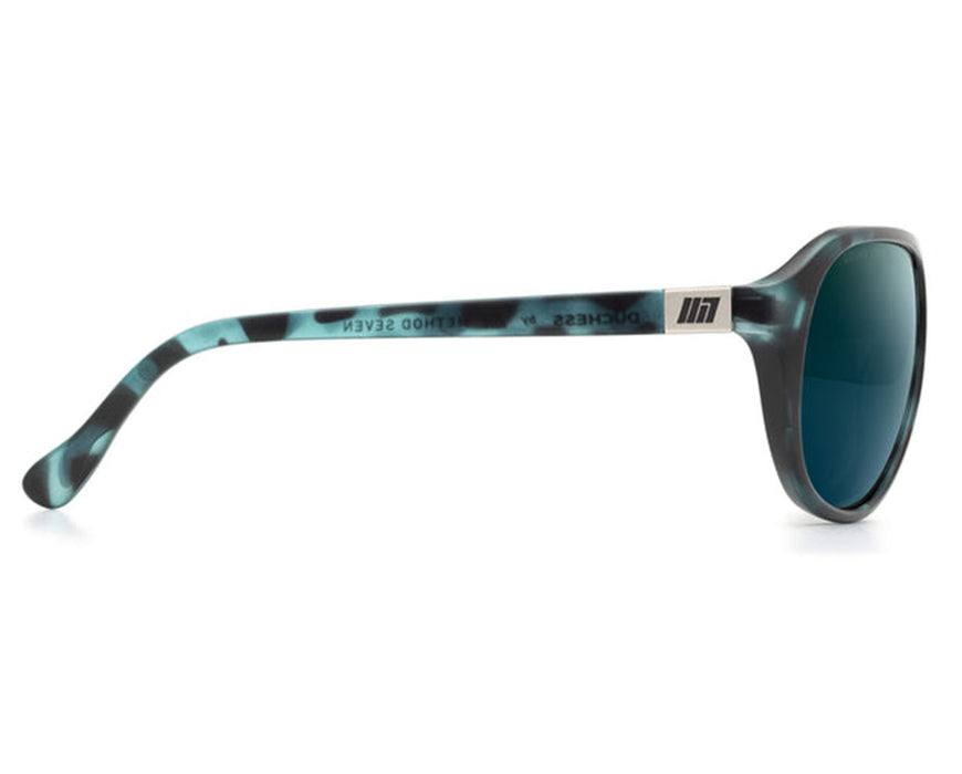 Side view of Method Seven Duchess FX2 glasses showing sleek black arms and metal logo accent on the temple.