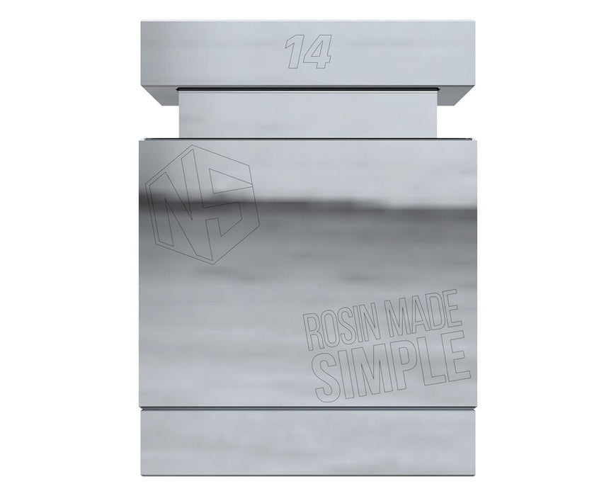 Nugsmasher 14g Pre Press Mold Pro front assembled view, engraved “Rosin Made Simple” branding.