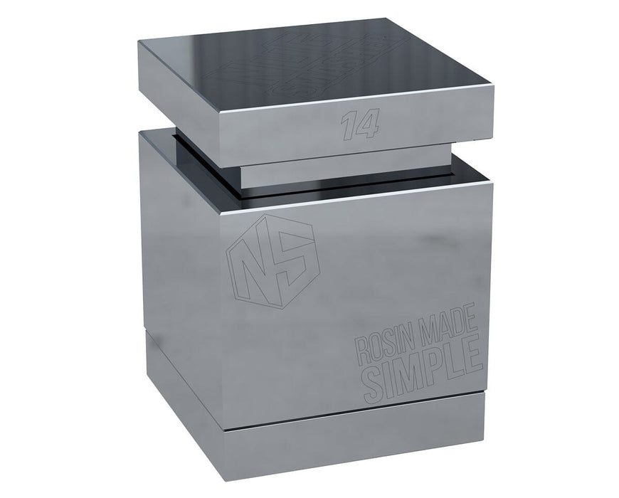 Nugsmasher 14g Pre Press Mold Pro angled assembled view, stainless steel with NS logo and text.