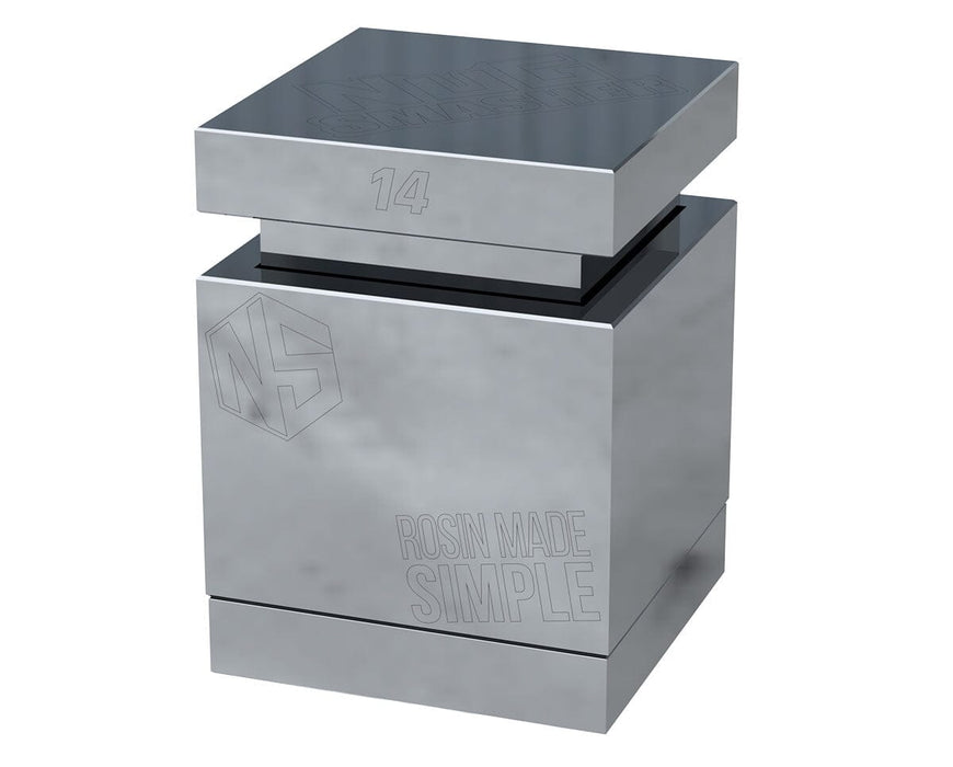 Nugsmasher 14g Pre Press Mold Pro angled view assembled, engraved with “Rosin Made Simple.”