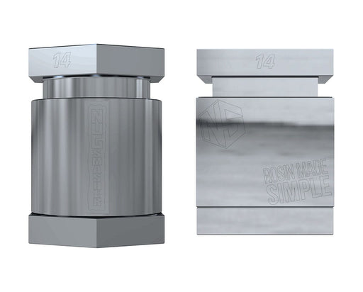 Nugsmasher 14g Pre Press Mold Pro front and side view, stainless steel with engraved logo and markings.