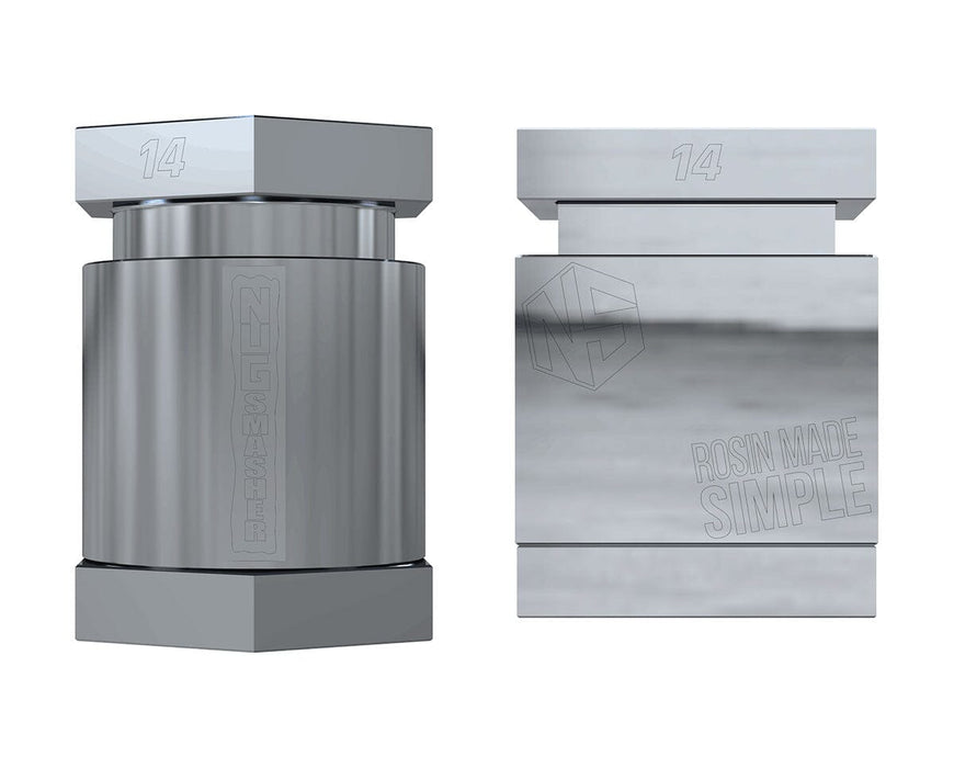 Nugsmasher 14g Pre Press Mold Pro front and side view, stainless steel with engraved logo and markings.