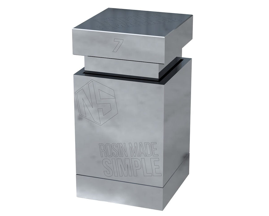 Nugsmasher 7g Pre Press Mold Pro angled assembled view with NS logo and “Rosin Made Simple” engraving.