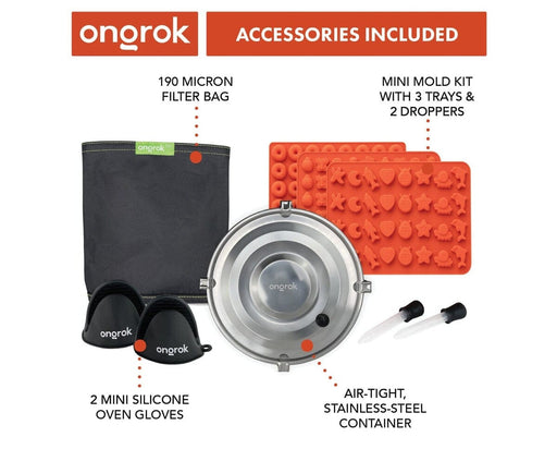 ONGROK Decarb Kit accessories front view showing complete set including filter bag, silicone oven gloves, candy molds, droppers, and stainless steel storage container.