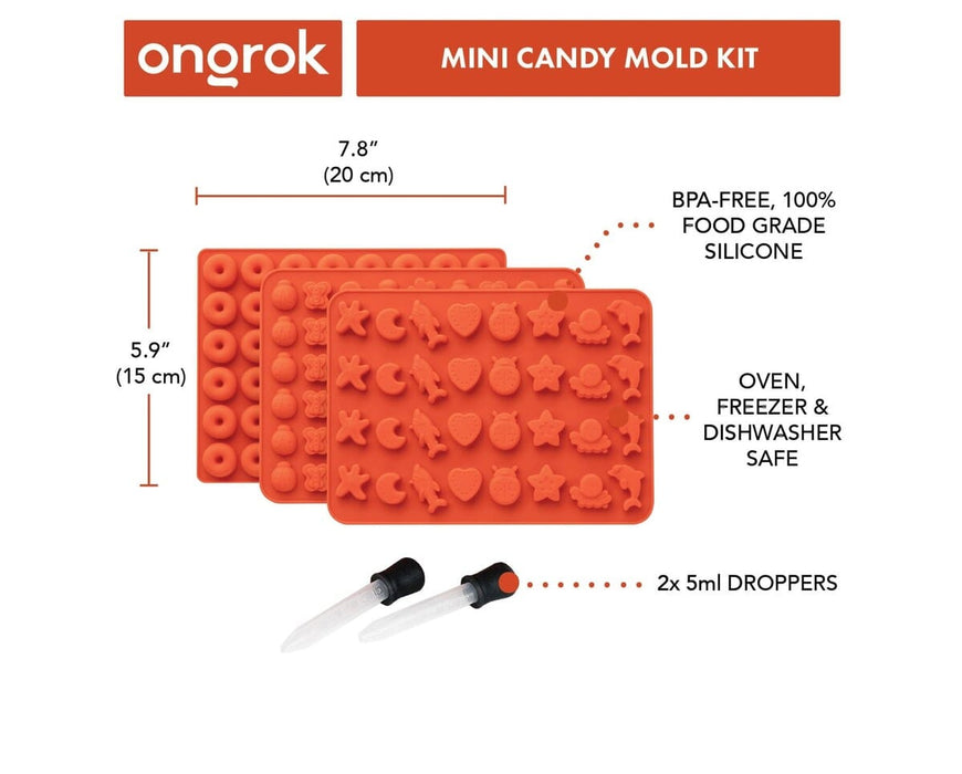ONGROK Mini Candy Mold Kit front view showing BPA-free silicone trays with fun shapes, oven safe, freezer safe, and two droppers for edible making.