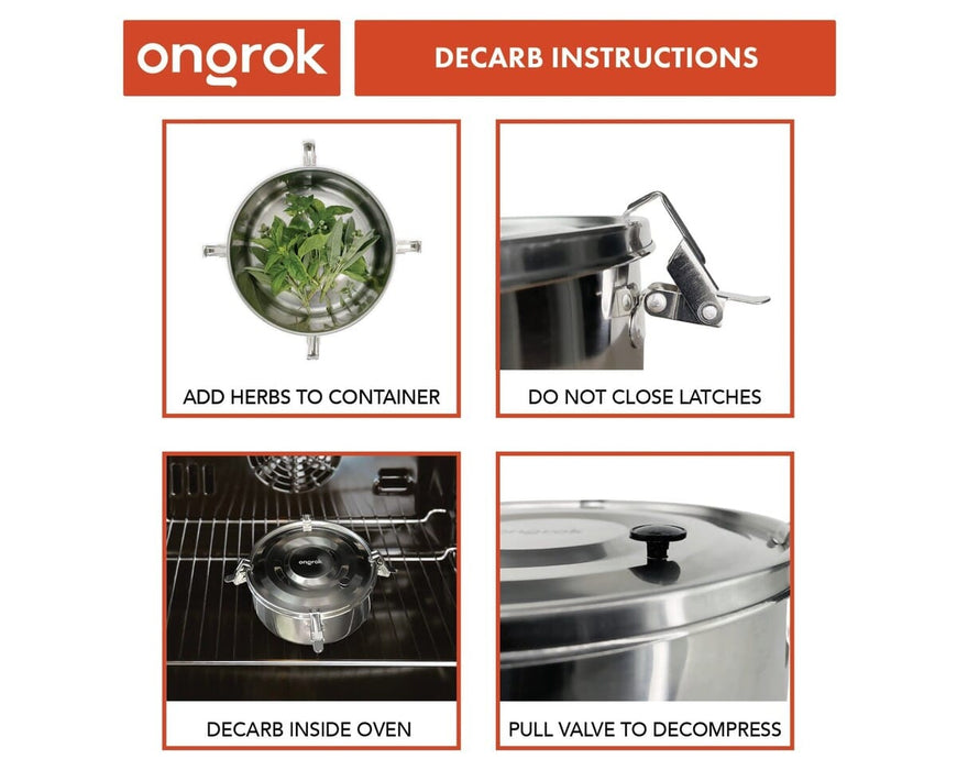ONGROK Decarb Kit instructions in use showing herbs inside stainless steel container, oven decarbing process, open airlock valve for decompression.