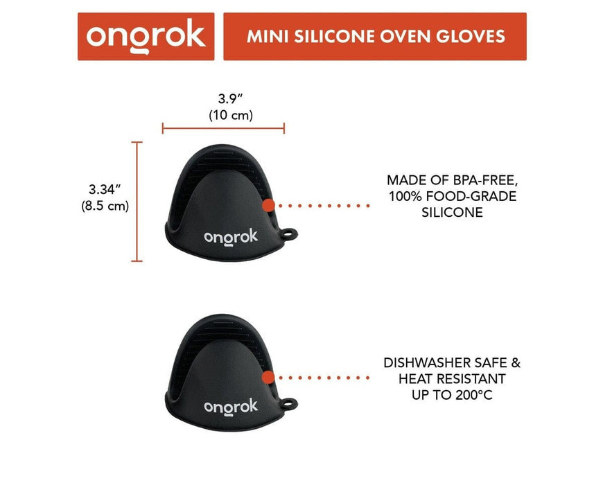 ONGROK Mini Silicone Oven Gloves front view showing BPA-free food grade silicone design, dishwasher safe, and heat resistant up to 200C.