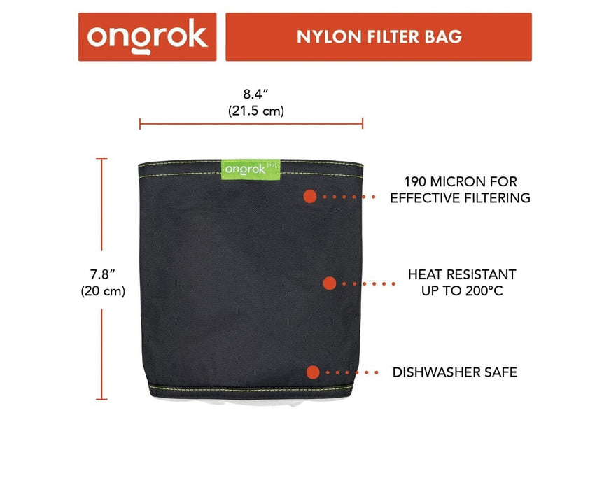 ONGROK Nylon Filter Bag front view showing 190 micron mesh for effective filtering, dishwasher safe, and heat resistant up to 200C.