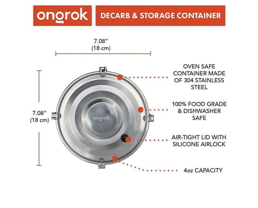 ONGROK Decarb and Storage Container top view showing airtight stainless steel 4oz container with silicone airlock lid, oven safe and dishwasher safe.