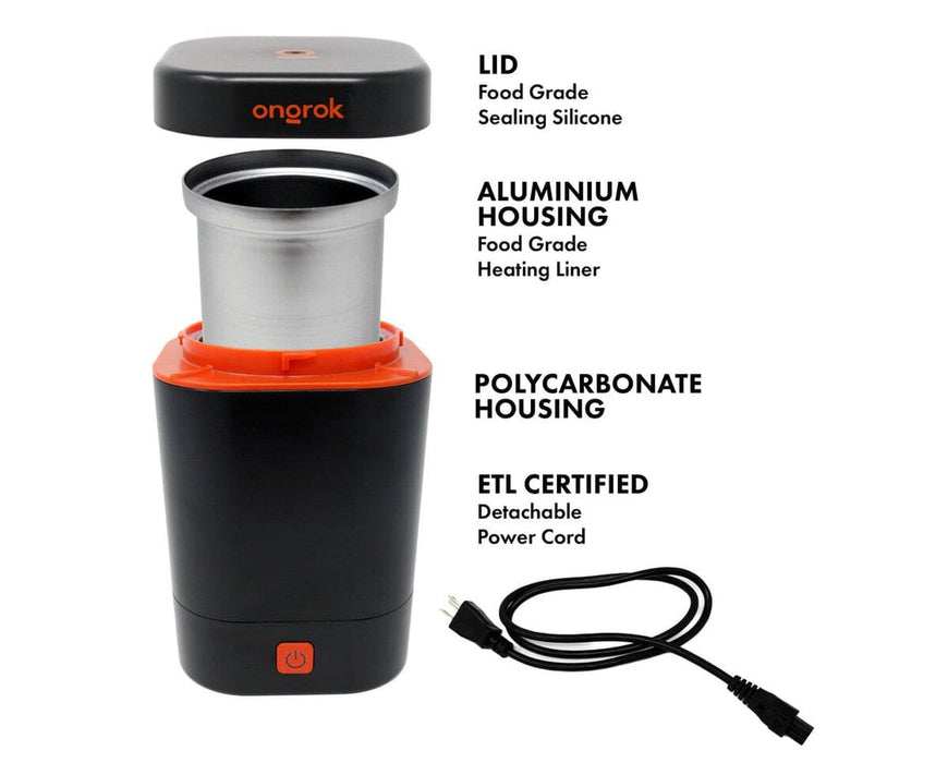 Ongrok Decarboxylator Machine exploded view showing detachable lid, aluminum heating liner, polycarbonate housing, and ETL certified detachable power cord.