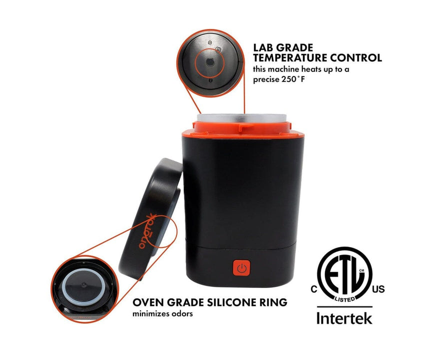 Ongrok Decarboxylator Machine with lid open showing lab grade temperature control up to 250F, oven grade silicone ring to minimize odor, and ETL safety certification.