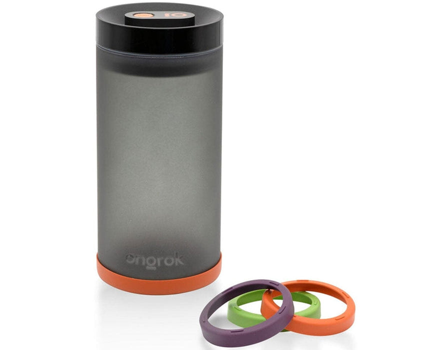 Tall ONGROK vacuum-sealed frosted glass jar with airtight black lid and orange base, ideal for preserving herbs, tea, or food, with interchangeable colored bases beside it.