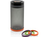 Tall ONGROK vacuum-sealed frosted glass jar with airtight black lid and orange base, ideal for preserving herbs, tea, or food, with interchangeable colored bases beside it.