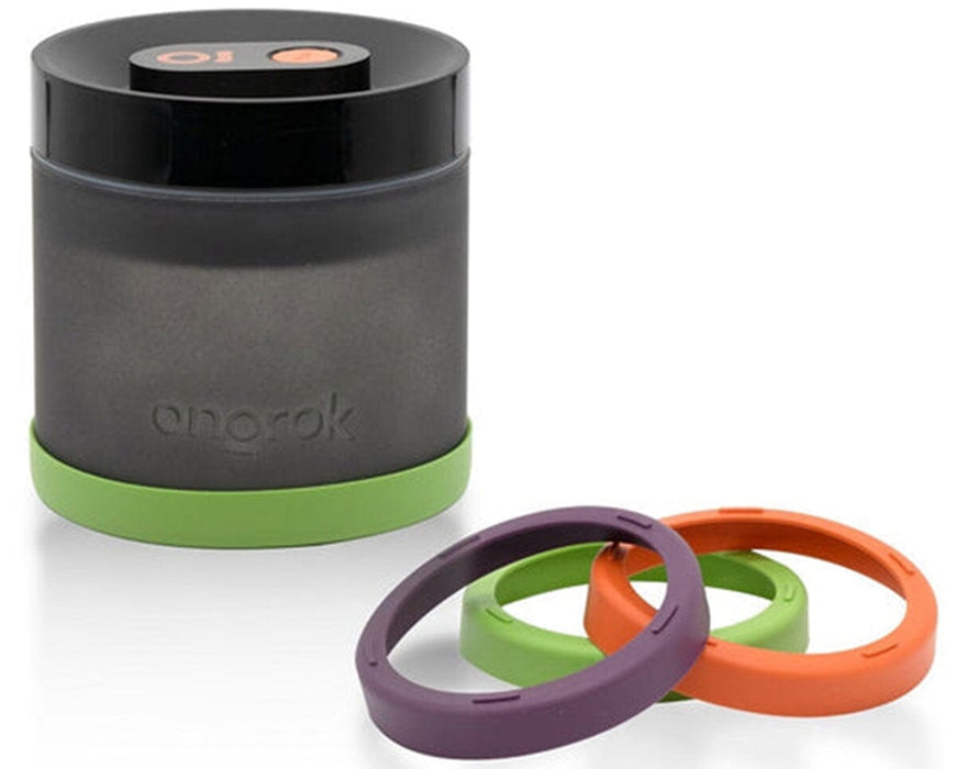 ONGROK frosted glass storage jar with vacuum pump lid and green silicone base, shown with three interchangeable color-coded bases in green, orange, and purple.