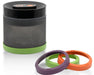 ONGROK frosted glass storage jar with vacuum pump lid and green silicone base, shown with three interchangeable color-coded bases in green, orange, and purple.