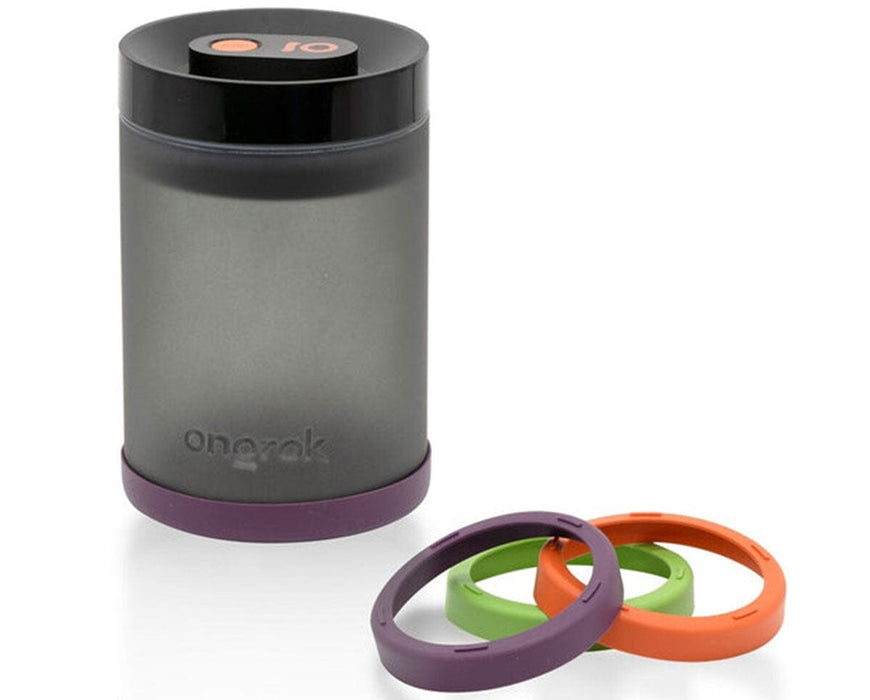 Medium-sized ONGROK airtight frosted glass jar with vacuum pump lid and purple base, shown with additional green and orange base rings for organizing contents.