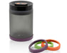 Medium-sized ONGROK airtight frosted glass jar with vacuum pump lid and purple base, shown with additional green and orange base rings for organizing contents.
