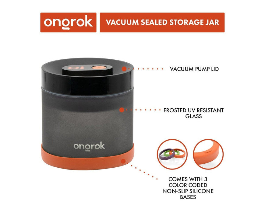 ONGROK Vacuum Pump Jar features detail showing frosted UV resistant glass body, airtight vacuum pump lid, and non-slip silicone base rings.