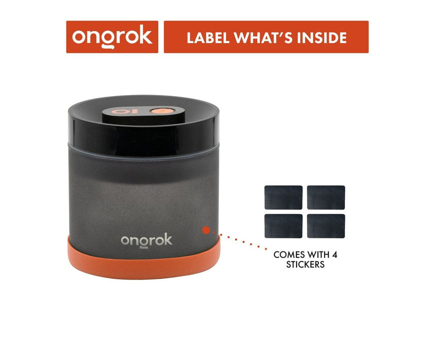 ONGROK Vacuum Pump Jar front view showing included labeling stickers and accessories for easy organization.