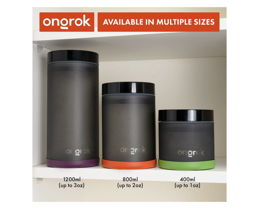 ONGROK Vacuum Pump Jars multiple sizes front view showing 1200ml, 800ml, and 400ml capacities with frosted glass and silicone bases.