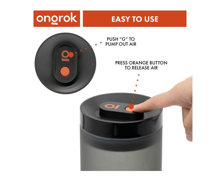 ONGROK Vacuum Pump Jar in home environment showing frosted UV-resistant borosilicate glass with airtight vacuum lid for odor control and freshness.