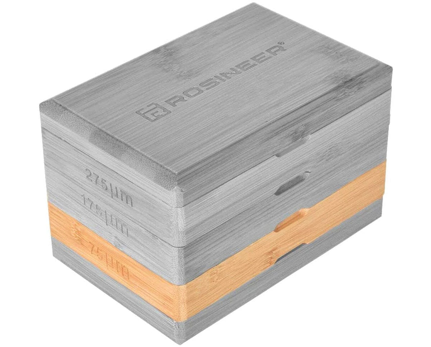 Rosineer Bamboo Pollen Sifter stacked set with labeled 275, 175, and 75 micron mesh for multi-grade herb separation.