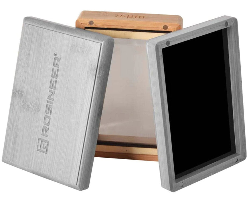 Exploded view of Rosineer pollen sifter showing bamboo mesh frame with top and bottom magnetic lids partially opened.