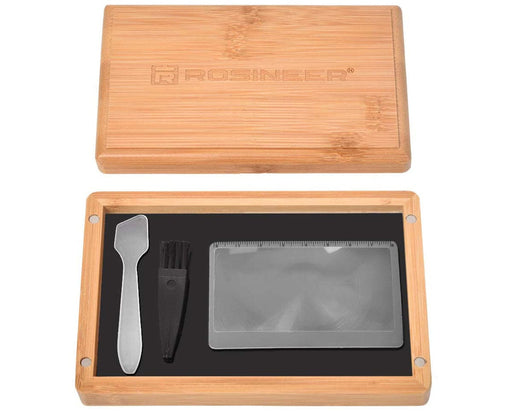 Open Rosineer pollen sifter base box with tools set on black tempered glass catch tray and bamboo lid above.
