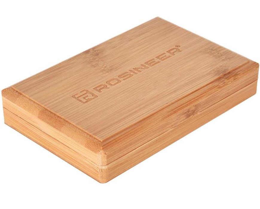 Closed Rosineer Bamboo Storage Box with engraved logo and magnetic lid designed for sifting and herb storage.