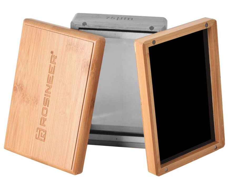 Rosineer base box shown with open magnetic bamboo lid and black tempered glass tray for collecting sifted pollen.