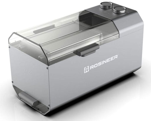 Fully assembled Rosineer PTX Tumbler machine in sleek silver finish with clear lid and control dials for sifting.