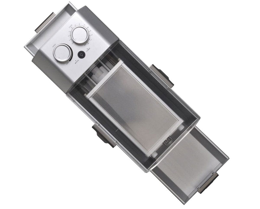 Top-down view of Rosineer PTX Tumbler showing speed and timer dials for controlled sifting of herbal material.