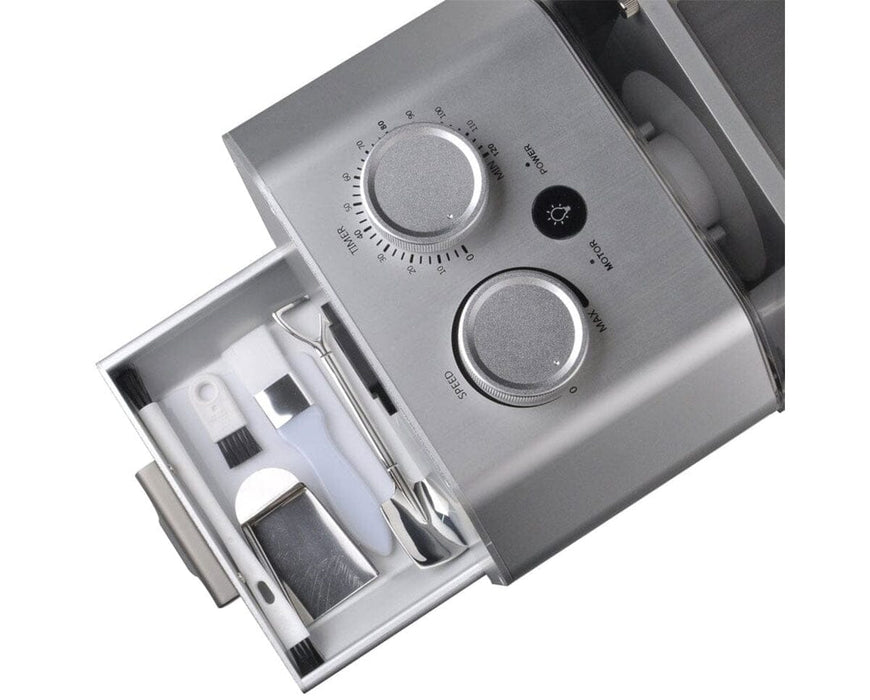 Storage drawer of Rosineer PTX Tumbler opened to reveal included trichome collection tools and accessories.