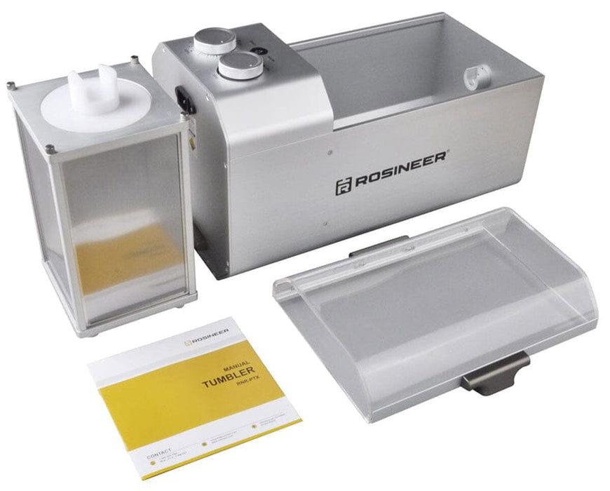 Complete Rosineer PTX Tumbler kit with motor base, drum, tray, and user manual for kief sifting up to 140 grams.