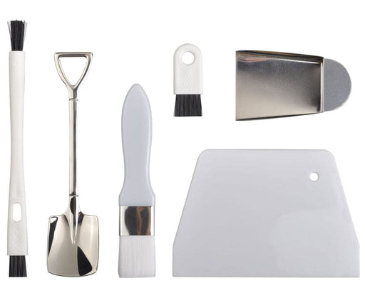 Set of seven Rosineer PTX Tumbler tools including brushes, spatula, scraper, and scoop for kief collection.