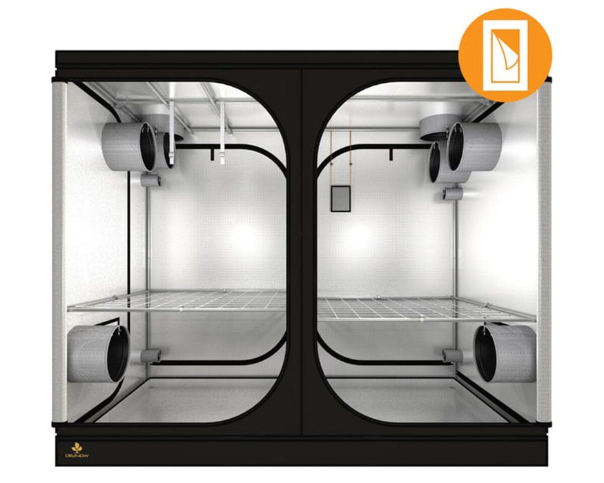 Black and gray Secret Jardin Dark Room 240 Wide (8' x 4' x 6 2/3') V3 with ventilation system on a white background.