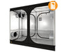 Black and clear Secret Jardin Dark Room 240 Wide (8' x 4' x 6 2/3') V3 grow tent with shelves on a white background.