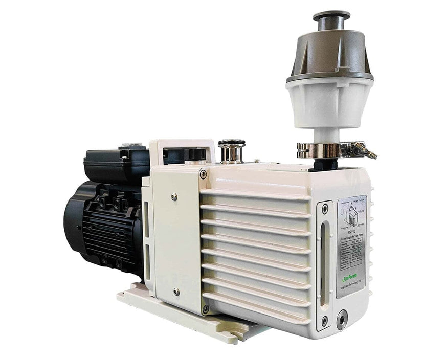 Side view of the Stay Fresh 7 Shelf Home Freeze Dryer vacuum pump with a mounted oil mist filter and clear view of the technical label.