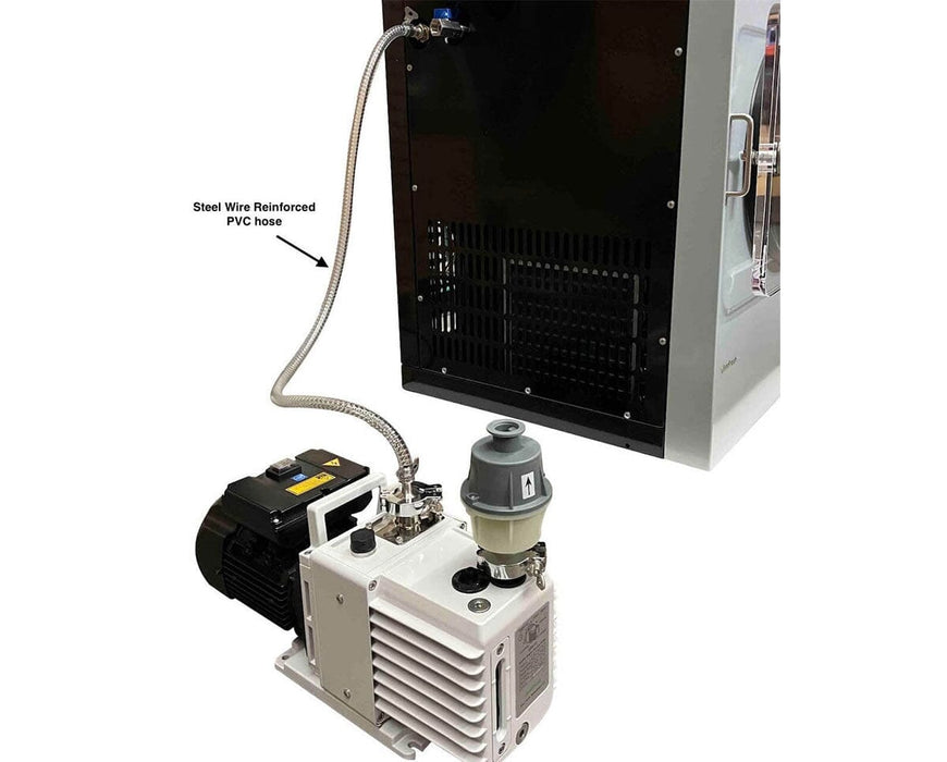 Steel wire reinforced PVC hose connects the Stay Fresh 7 Shelf Home Freeze Dryer to the oil-free vacuum pump, ensuring reliable vacuum pressure during freeze-drying of low-moisture foods like herbs or yogurt drops.