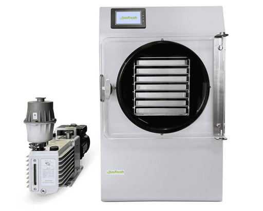 Stay Fresh 7 Shelf Home Freeze Dryer shown with its commercial vacuum pump attached.
