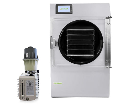 Stay Fresh Home Freeze Dryer shown with its industrial vacuum pump attached.