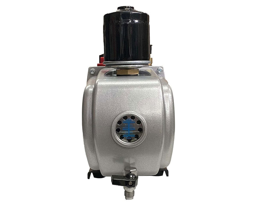 Front view of the Stay Fresh home freeze dryer’s vacuum pump, showing its metallic housing and oil-level window.