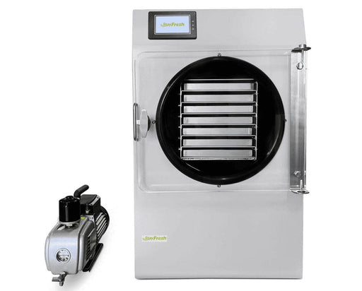 Stay Fresh 7 Shelf Home Freeze Dryer shown with its standard premier vacuum pump attached.
