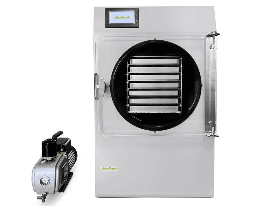 Stay Fresh 7 Shelf Home Freeze Dryer shown with its standard premier vacuum pump attached.