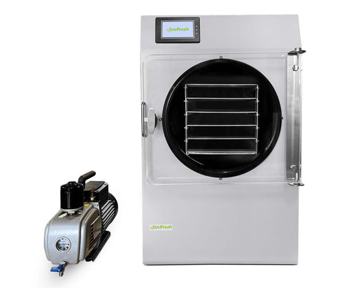 Stay Fresh Home Freeze Dryer shown with its standard premier vacuum pump attached.