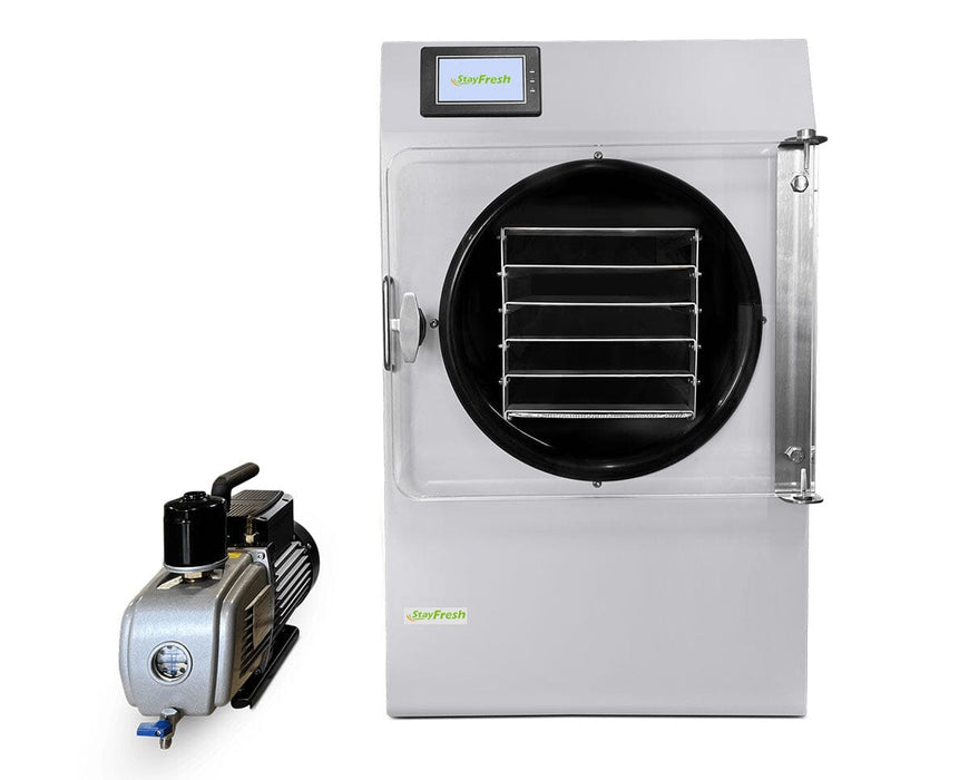 Stay Fresh Home Freeze Dryer shown with its standard premier vacuum pump attached.