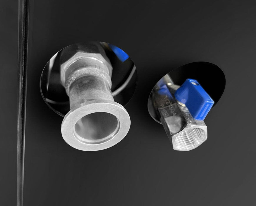 Side view of paired vacuum hose and valve outlets on black freeze dryer housing.