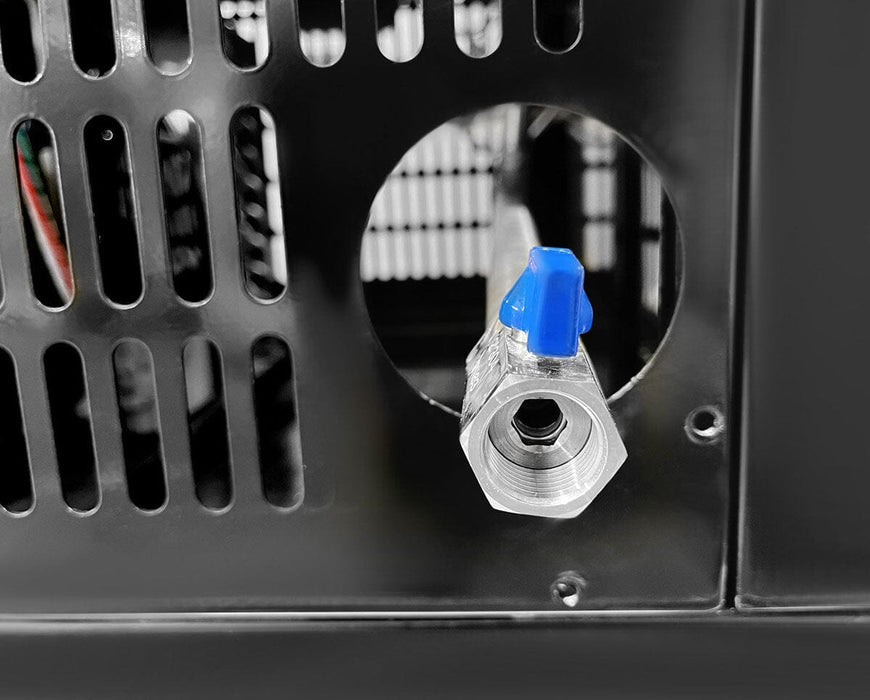 Close-up of stainless steel vacuum port with blue valve on the Stay Fresh Mega Freeze Dryer.